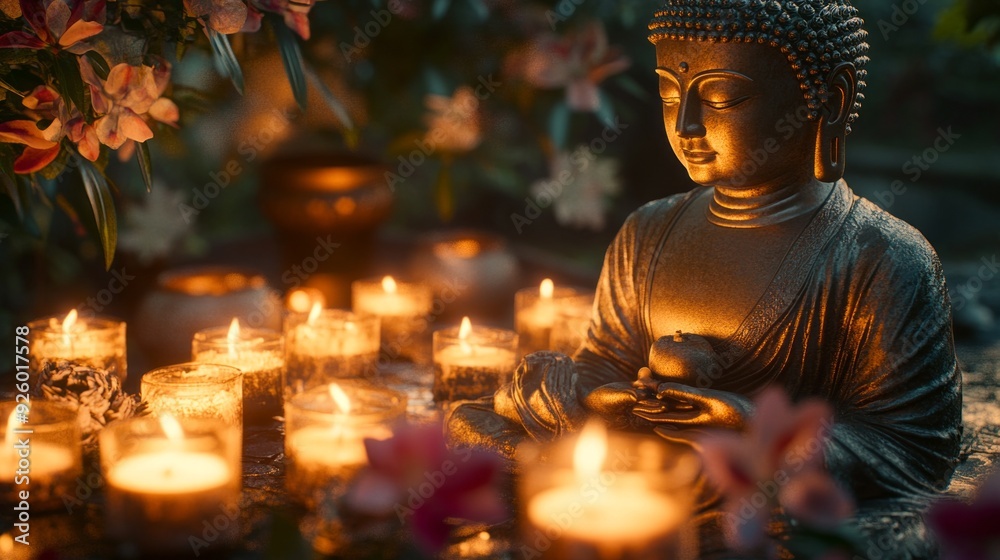 Poster the calm presence of a buddha statue is illuminated by warm candlelight among blooming flowers, crea