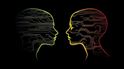 Fototapeta premium human profile facing an AI digital silhouette composed of circuit lines.