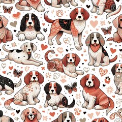 Seamless Pattern of Cute Cartoon Dogs with Hearts and Flowers on White Background