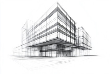 architectural sketch, modern office, isolated on white background.