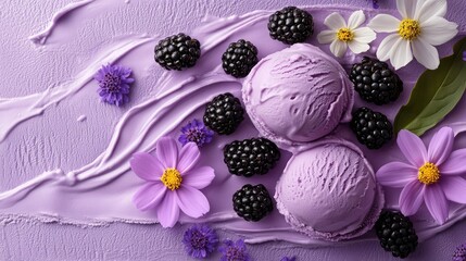 Two scoops of lavender ice cream with blackberries and flowers. Perfect for a food blog, recipe, or advertisement for lavender-flavored ice cream.