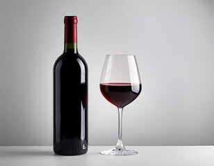 Glass and bottle of red wine on white minimalist background