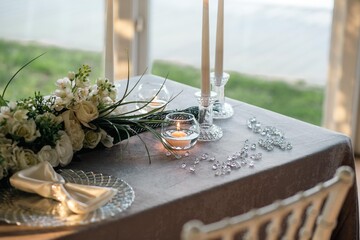 Close-up of Wedding Table Decoration with White Theme