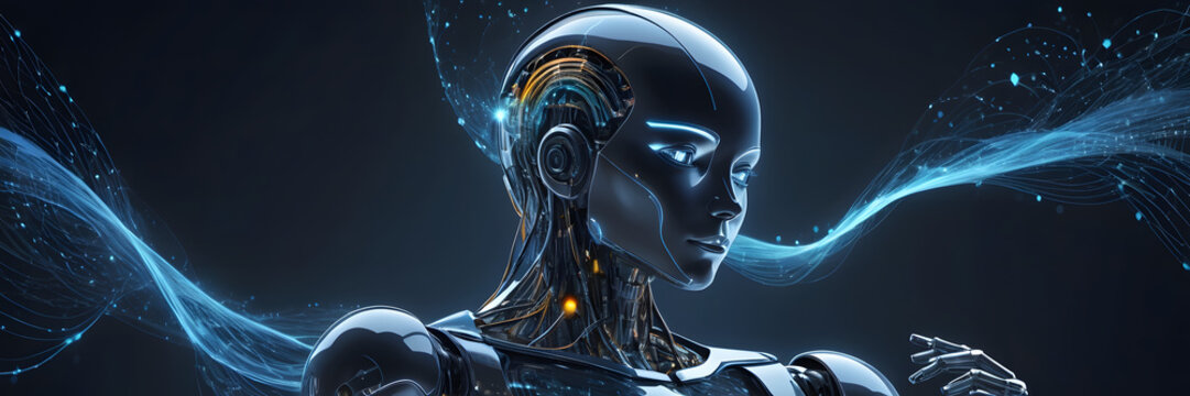 An AI robot analyzing data streams flowing through the air, illustrating big data and machine learning.