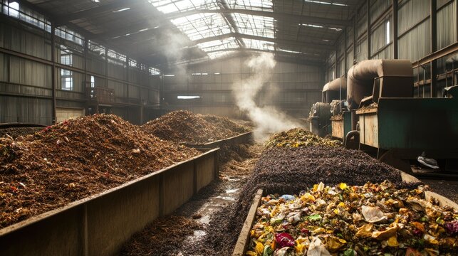 Industrial compost processing facility. Photo of a compost plant with piles of compost and a large machine.