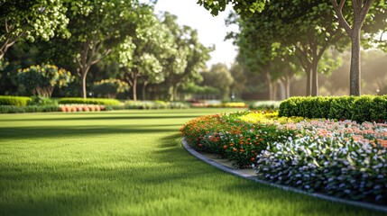 Tranquil Garden with Lush Greenery and Blooming Flowers
