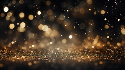 Abstract black background with golden bokeh and glitter.