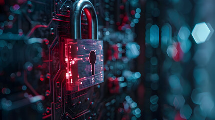 Cybersecurity Illustration:  Digital Lock on Circuit Board