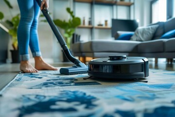 Fototapeta premium Housekeeper Utilizing Smart Vacuum Cleaner in Modern Living Room - Technology in Cleaning Concept