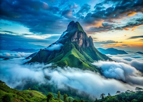 isolated ogun mountain peak at dawn with misty clouds and rugged terrain capturing solitude and rugged adventure in cool blue tones