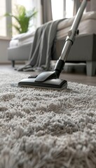 Housekeeper Efficiently Vacuuming Plush Carpet in Minimalist Modern Bedroom Setting