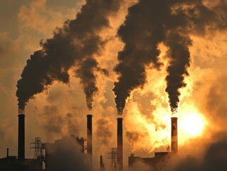 Industrial Factory Emissions at Sunset with Smoke Stacks and Pollution in the Air