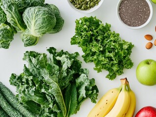 A variety of fresh vegetables and fruits arranged on a surface.