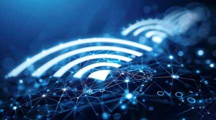 Abstract blue and white wifi icon on a digital network.