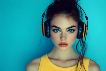 beautiful young woman with fashion makeup centre facing front wearing large retro headphones