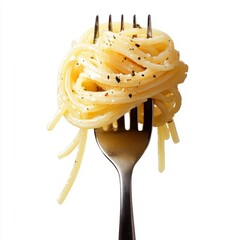 Close up Spaghetti on fork, fettuccine pasta on an isolated white background