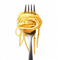 Close up Spaghetti on fork, fettuccine pasta on an isolated white background