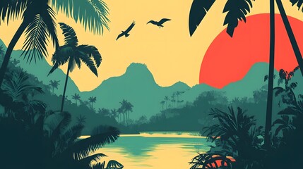 Tropical Sunset Landscape Vector Illustration, Retro Style, Flying Birds, Jungle Mountains, River, Design Postcard Background