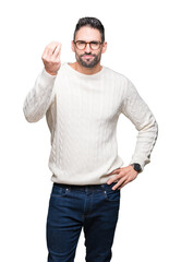 Young handsome man wearing glasses over isolated background Doing Italian gesture with hand and fingers confident expression