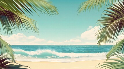 A summer background featuring a sunny beach scene with waves and palm trees, radiating warmth and relaxation