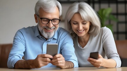 Happy senior couple, Caucasian, engaged in a fun moment while using their smartphones, showcasing connection and joy in a comfortable, cozy environment.