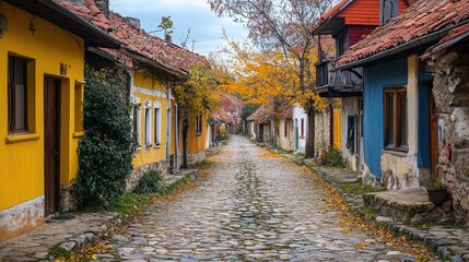 Cobblestone street lined with colorful houses. Perfect for travel, tourism, and architecture projects.