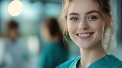 Fototapeta premium Smiling Female Medical Professional in Scrubs at Modern Healthcare Facility