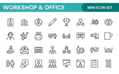 Workshop and Office related outline icon collection. Editable line icon set.