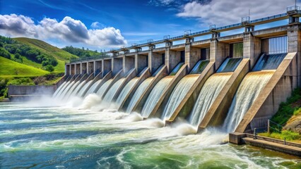 Hydroelectric dam generating clean energy from flowing water, renewable energy