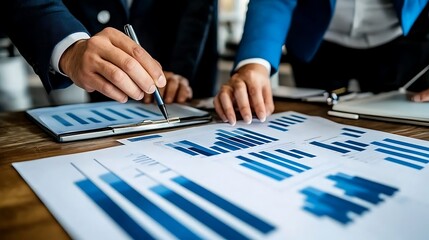 Close-up of two business professionals analyzing financial charts and data, showcasing a collaborative work environment with focus on performance metrics.