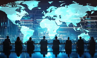 Leaders gather to exchange insights on international business strategies with a glowing world map backdrop