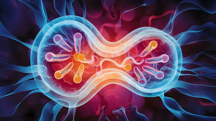 Obraz premium Microscopic Cell Division: A mesmerizing abstract illustration of cell division, showcasing the intricate processes of mitosis and cytokinesis. The image captures the dynamic nature of life at the cel