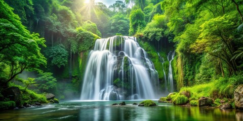 Fototapeta premium Majestic waterfall cascading through lush green forest , Nature, tranquil, scenic, landscape, serene, beauty, environment, outdoors
