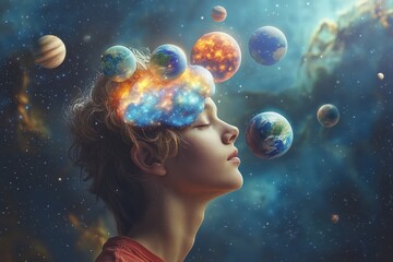 Expansive Mind - Person with Miniature Planets as Thought Bubbles in Surreal Space, Selective Focus Composite Image