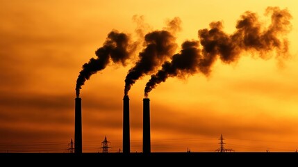 Industrial Chimneys Emitting Smoke Against a Dramatic Orange Sunset Sky