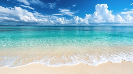 Fototapeta premium Tranquil Beach Escape: A breathtaking view of a pristine beach with crystal-clear turquoise water gently lapping at the shore. 