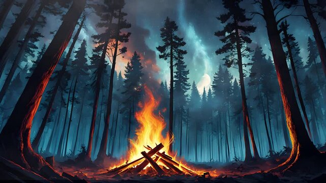 Campfire in a moonlit pine forest