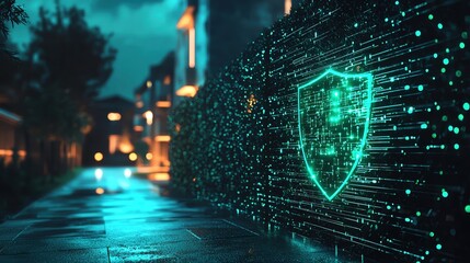 Cyber security, digital data fast running from the left side hit the green shield that glows on the right side, on house background