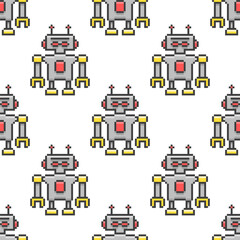 Seamless Pattern with Pixel Robots on White Background. Vector illustration