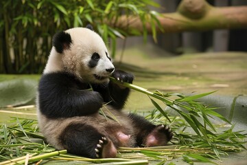 Obraz premium cute baby Panda eats bamboo