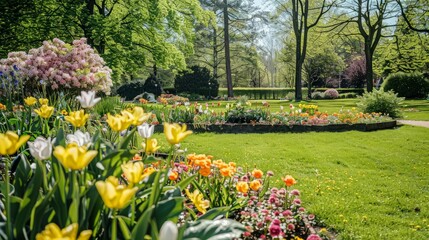 A Sunny Spring Day in a Colorful Garden