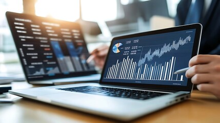A focused business professional analyzing financial graphs on a laptop, showcasing data trends and insights, with a blurred background of a modern office environment.