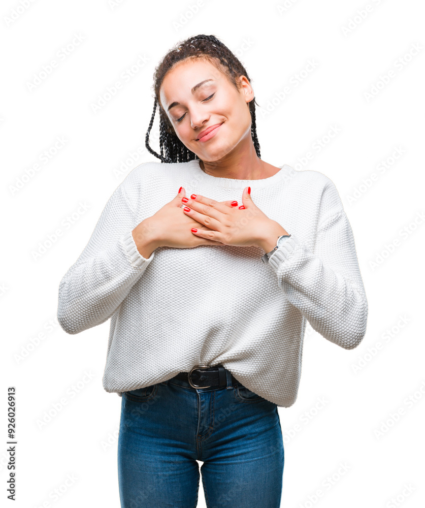 Canvas Prints Young braided hair african american girl wearing winter sweater over isolated background smiling with hands on chest with closed eyes and grateful gesture on face. Health concept.