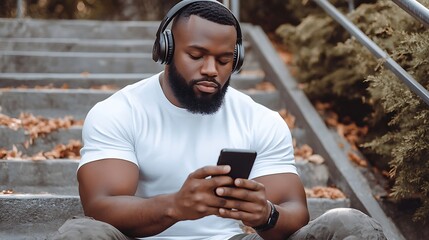 Fototapeta premium A focused Black man in a white t-shirt and headphones checks his phone while sitting on stone steps surrounded by autumn leaves.