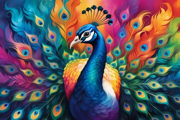 Fototapeta premium Peacock on colorful background. 