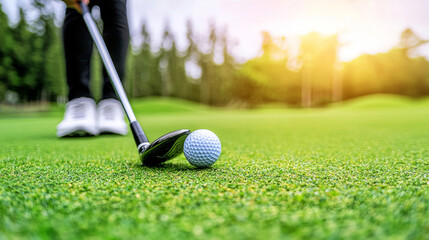 A person is playing golf and has just hit a ball with a golf club. The ball is lying on the grass, and the person is standing behind it