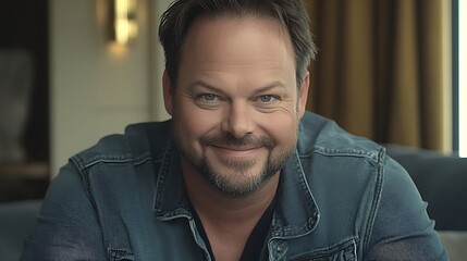 Smiling Caucasian man in a denim jacket, exuding warmth and approachability against a soft, blurred background of rich colors.