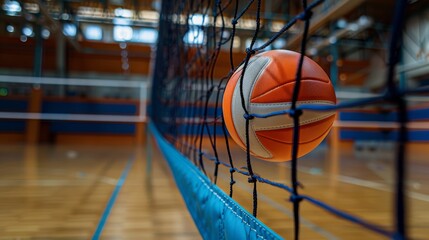 Volleyball and netting On the background of the volleyball court