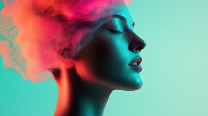 Fototapeta premium Vibrant Artistic Portrait of a Woman with Colorful Smoke Effect on a Turquoise Background