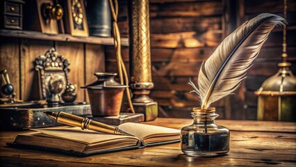 Vintage writing desk setting with ornate ink bottle and large feather quill surrounded by elegant cursive script on aged parchment, evoking historic charm.